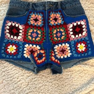 Colorful Crochet Patchwork Denim Shorts